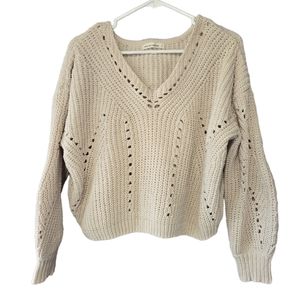 Moon & Madison Womens Large Sweater V Neck Open Knit Cream Ballon Sleeves